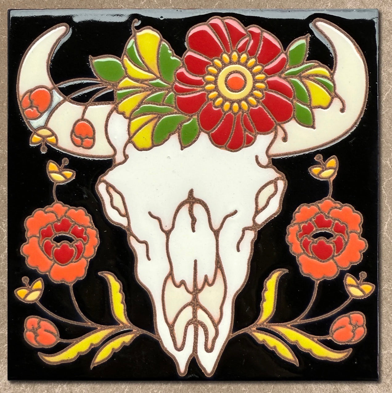 7/23 5:30pm: Glaze your own 6” Cow skull with red flowers tile and create a floral bouquet with Bunnytail Blooms by Bun Bun Vending