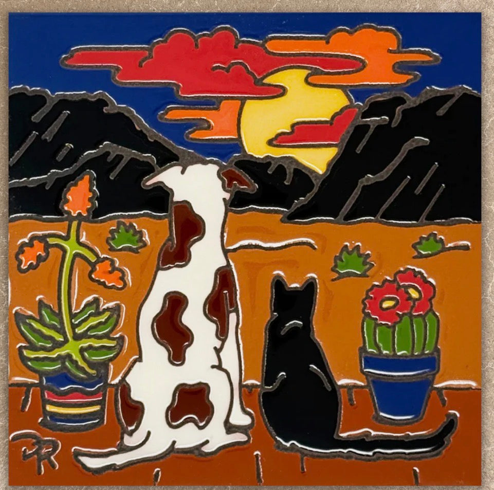 8/21 2pm and 6pm Workshops: Glaze a 6” Art Tile - Dog and Cat Sunset Tile or Choose another design